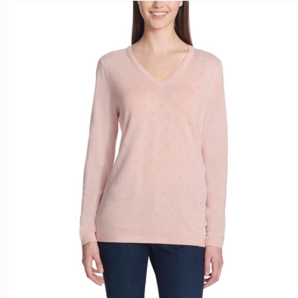 DKNY Pink Rhinestone Embellished V-Neck Sweater M